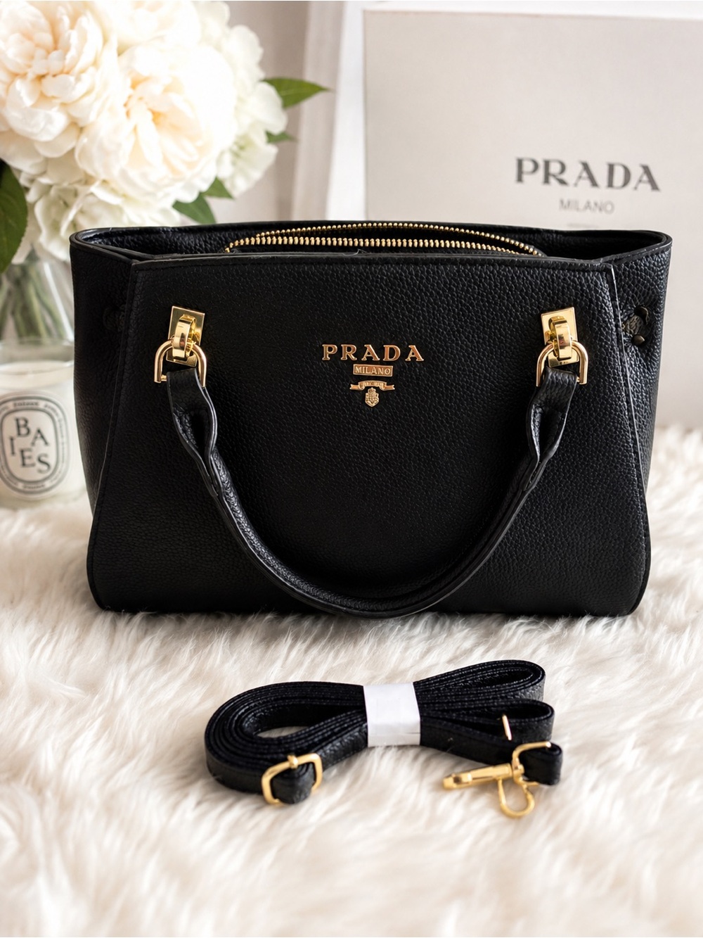 Source Unknown Black Prada Tote with Gold Hardware